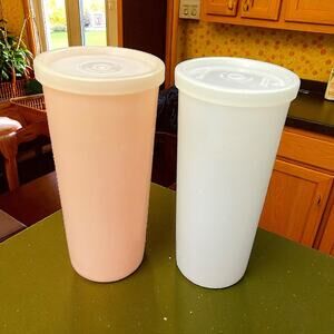 Tupperware Tumblers 12 oz Set 2 Peach White Cups 115 Vintage Lids Seals USA Made